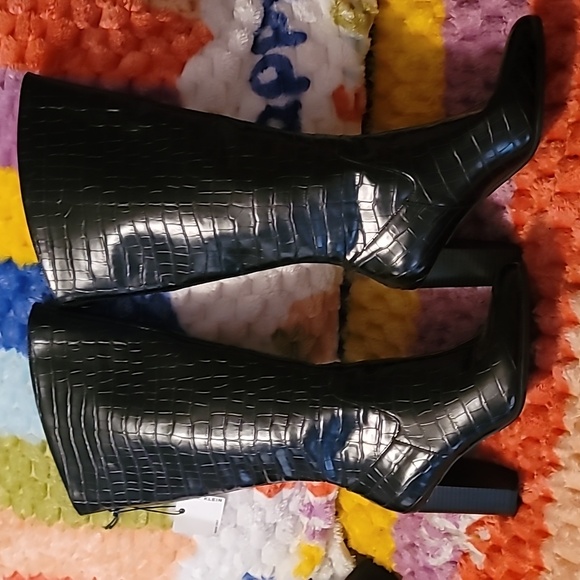 Anne Klein High Boots Womens 6½ Black Nastya Croc Embossed Zip Wide Calf Knee Hi - Picture 1 of 9